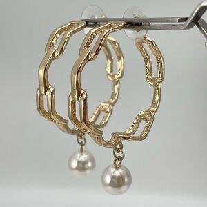 Statement Gold Tone Chain Hoop Faux Pearl Dangle Earrings Boho Fashion Boho